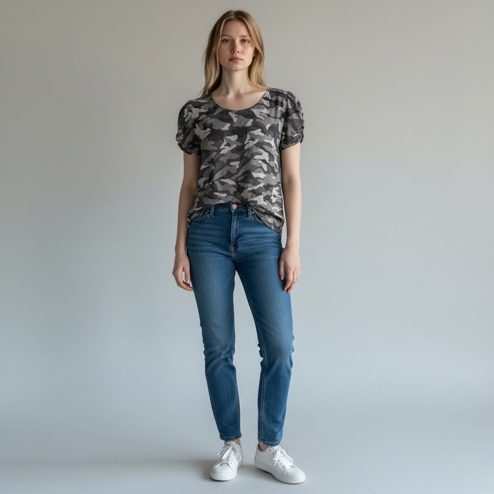 NWT JOIE Elline Top Caviar Black Gray Camo Print Short Sleeves Size Medium